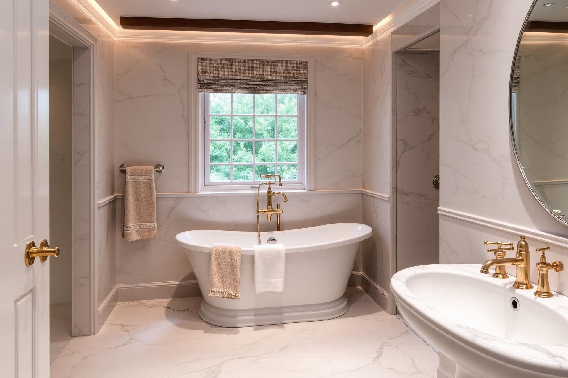 Luxury bathroom renovation with freestanding bath and marble walls